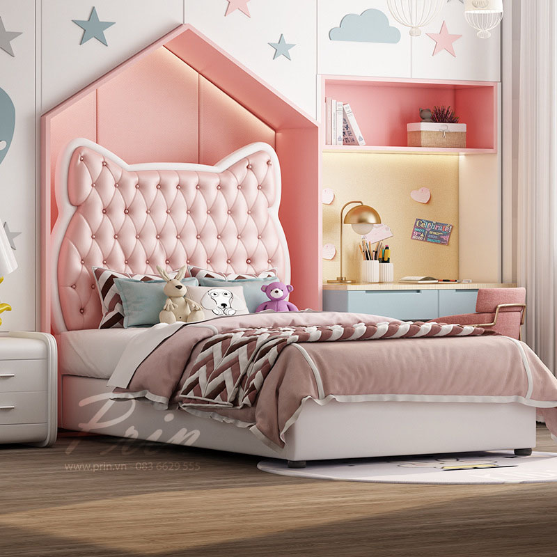 Mẫu giường Hello Kitty màu hồng pha trắng dành cho bé gái